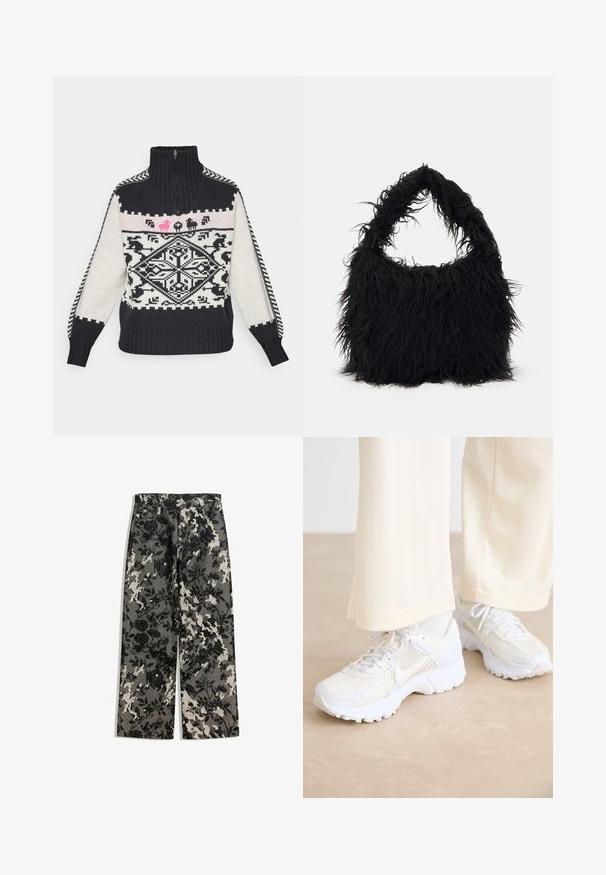 Pulover tricotat cu guler înalt, având un model geometric alb-negru, motive animale roz și manșete cu margine elastică.; Pantaloni mid-rise cu picioare largi, într-un model floral texturat alb-negru pe un fundal gri, având un tiv clasic și buzunare frontale.; Pantofi sport albi cu un design din plasă, suprafețe texturate și tălpi suportive. Șireturi și detalii subtile de branding pe lateral.; Even&Odd Geantă de pânză - black