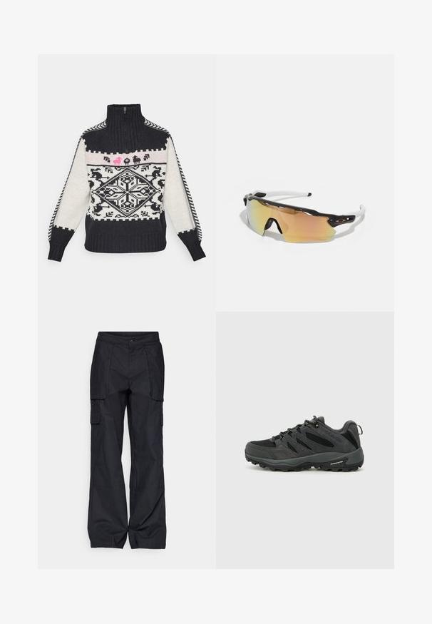 Sweter z dzianiny z wysokim kołnierzem, z geometrycznym czarno-białym wzorem, różowymi motywami zwierzęcymi i ściągaczami.; Columbia - Długie spodnie trekkingowe; Columbia REDMOND czarny; Okulary przeciwsłoneczne z czarno-białą oprawką, dużymi lustrzanymi soczewkami w złotych i różowych odcieniach, aerodynamiczny kształt oraz wydłużona zewnętrzna krawędź.; Czarny plecak z gładkiego nylonu, z logo z przodu, regulowanymi paskami i siatkowym bocznymi kieszeniami do dodatkowego przechowywania.