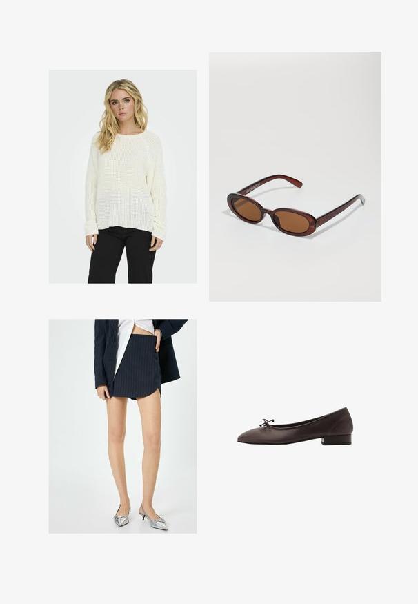 Maglione bianco lavorato a maglia con un design morbido, motivo testurizzato e polsini a costine, abbinato a pantaloni neri. Lo sfondo è uniforme.; Gonna navy a righe con vita alta e orlo asimmetrico, abbinata a décolleté argentate metalliche con punta affilata.; Ballerina in pelle marrone con punta arrotondata e tacco a blocco piccolo. Presenta un sottile fiocco sul davanti e dettagli di cucitura discreti.; Occhiali da sole rotondi con tonalità marrone, montatura lucida color bordeaux. Aste sottili con un sottile dettaglio del marchio. Design delle lenti piatte.; Borsa a spalla in pelle marrone con una sezione inferiore a motivo beige, una chiusura in tono oro e una tracolla removibile.