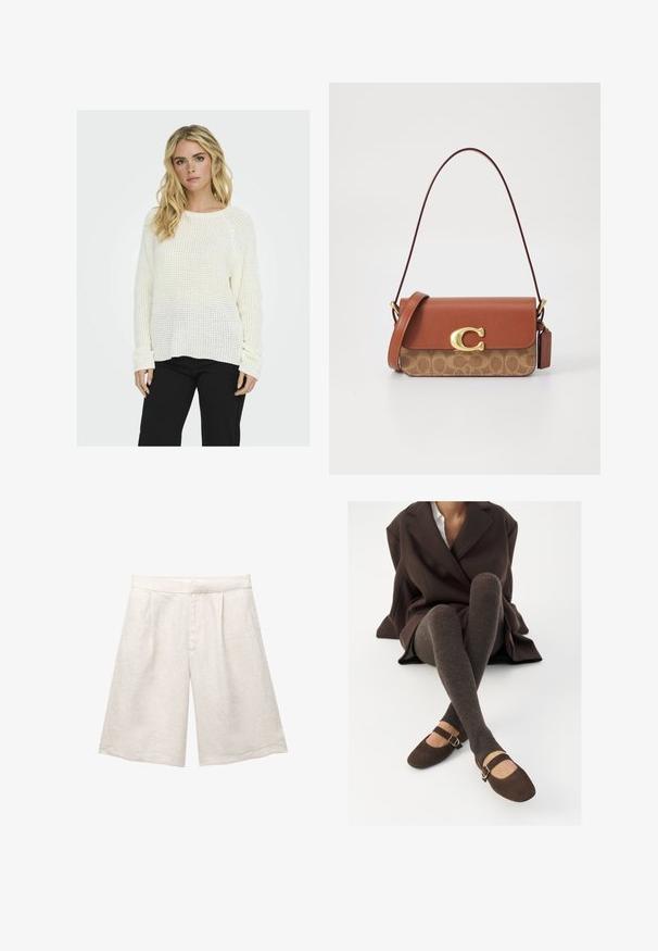 Maglione bianco lavorato a maglia con un design morbido, motivo testurizzato e polsini a costine, abbinato a pantaloni neri. Lo sfondo è uniforme.; Pantaloni corti in lino beige con gamba larga, caratterizzati da pince frontali e una cintura liscia. Il tessuto ha una finitura leggermente testurizzata.; Calze marroni a coste alte fino al ginocchio abbinate a scarpe Mary Jane in suede marroni con una fascia decorativa e fibbia, indossate con un cappotto scuro.; Borsa a spalla in pelle marrone con una sezione inferiore a motivo beige, una chiusura in tono oro e una tracolla removibile.