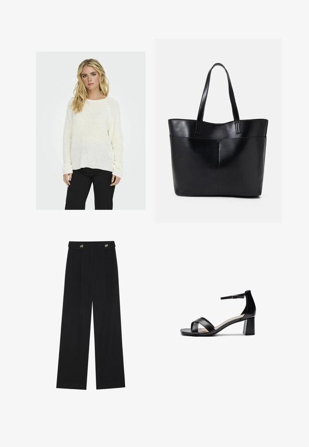Witte gebreide trui met een losse snit, gestructureerd patroon en geribbelde boorden, gecombineerd met zwarte broeken. Achtergrond is eenvoudig.; Zwarte wijde broek met hoge taille, knoopdetails op de tailleband en plooien aan de voorkant.; Zwarte open teen hakken sandalen met gekruiste banden, een verstelbare enkelband en een chunky hak, met een gladde leren textuur.; Zwarte leren tote bag met twee lange handvatten, een zachte textuur en een gestructureerde vorm. Voorzien van een voorvak voor extra opslagruimte.