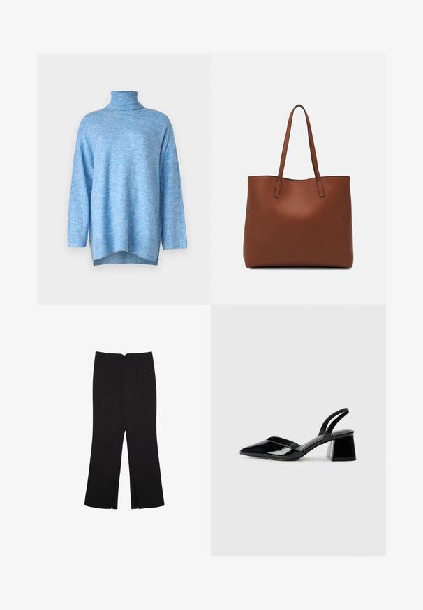 Svijetloplavi pulover s visokim ovratnikom, izrađen od mekanog pletenog materijala, s opuštenim krojem, dugim rukavima i bočnim prorezima na rubu.; Crne hlače ravnog kroja, s prednjim džepovima i bočnim prorezima na rubu. Izrađene od mekog i glatkog materijala. Pogodne za razne prigode.; Crne lakirane kožne sandale s otvorenom petom i špicastim vrhom, s geometrijskom blok petom. Imaju elegantan, minimalistički dizajn i glatku teksturu.; Smeđa kožna torba preko ramena s glatkom teksturom, otvorenim vrhom i dvjema naramenicama. Ima minimalne šavove i nema vidljivog hardvera.