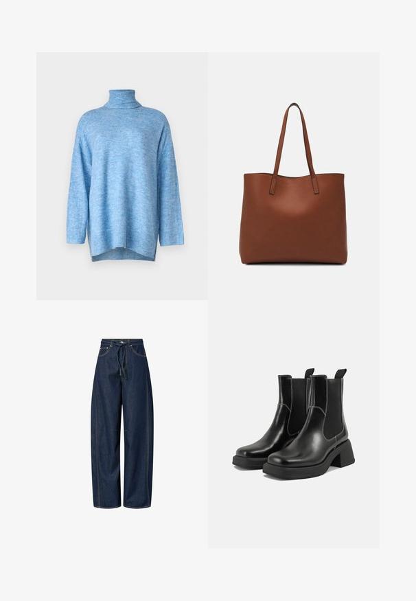 Jasnoniebieski sweter typu golf wykonaną z miękkiej dzianiny, z luźnym krojem, długimi rękawami i bocznymi rozcięciami u dołu.; Spodnie dżinsowe o szerokich nogawkach w ciemnoniebieskim kolorze, z elastycznym pasem i sznurkiem, kontrastowym przeszyciem oraz dwiema przednimi kieszeniami. Gładka faktura, luźny krój.; Czarne skórzane botki Chelsea na mocnej podeszwie, z elastycznymi panelami bocznymi i kontrastującym białym ściegiem. Teksturowane wykończenie.; Brązowa skórzana torba tote o gładkiej fakturze, z otwartym wierzchem i dwoma ramiączkami. Charakteryzuje się minimalnym przeszyciem i brakiem widocznych elementów metalowych.