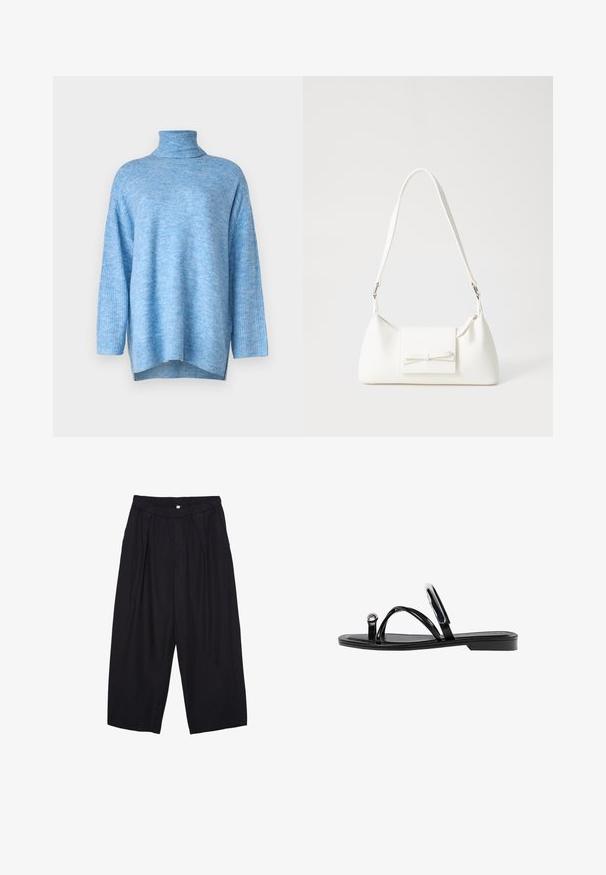 Hellblauer Rollkragenpullover aus weichem Strickmaterial, mit lockerer Passform, langen Ärmeln und Seitenschlitzen am Saum.; Schwarze Polyester-Culotte mit einem elastischen Bund, zwei vorderen Falten und einer lockeren Silhouette. Keine sichtbaren Muster oder Hardware-Details.; Schwarze flache Sandalen mit glänzender Oberfläche, drei dünnen Riemen und einem runden Hardware-Detail an den Zehen. Elegantes Design mit einem minimalen Absatz.; Weiße synthetische Handtasche in dreieckiger Form, flache Vorderklappe und Schleifendetail, verstellbarer Trageriemen, glatte Textur und minimalistisches Design.