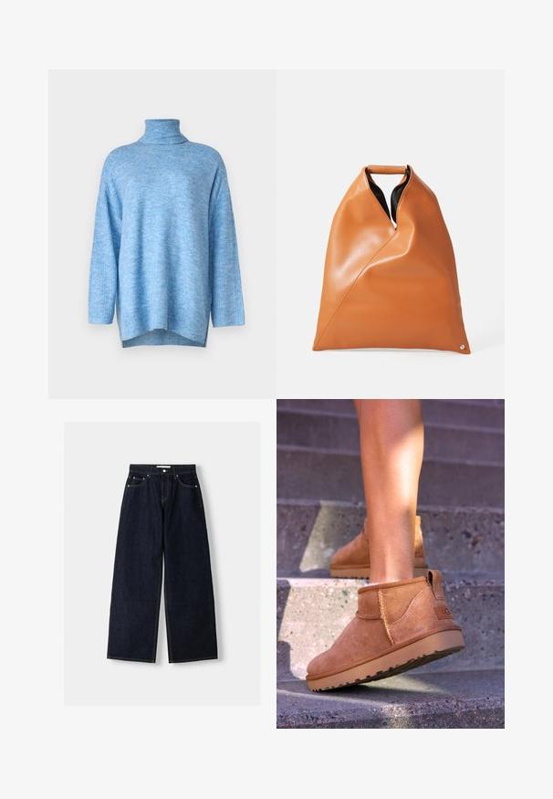 Pull à col roulé bleu clair en maille douce, à la coupe décontractée, avec des manches longues et des fentes latérales à l'ourlet.; Jean large en denim bleu foncé à taille haute, avec cinq poches, des coutures contrastées et des éléments en métal argenté. Texture lisse et finition soignée.; Bottines en suede beige avec une texture douce, des détails cousus et une semelle en caoutchouc, dotées d'un talon en boucle pour un enfilage facile.; Sac en cuir tan avec des plis triangulaires, poignée supérieure et intérieur noir sur fond blanc uni.