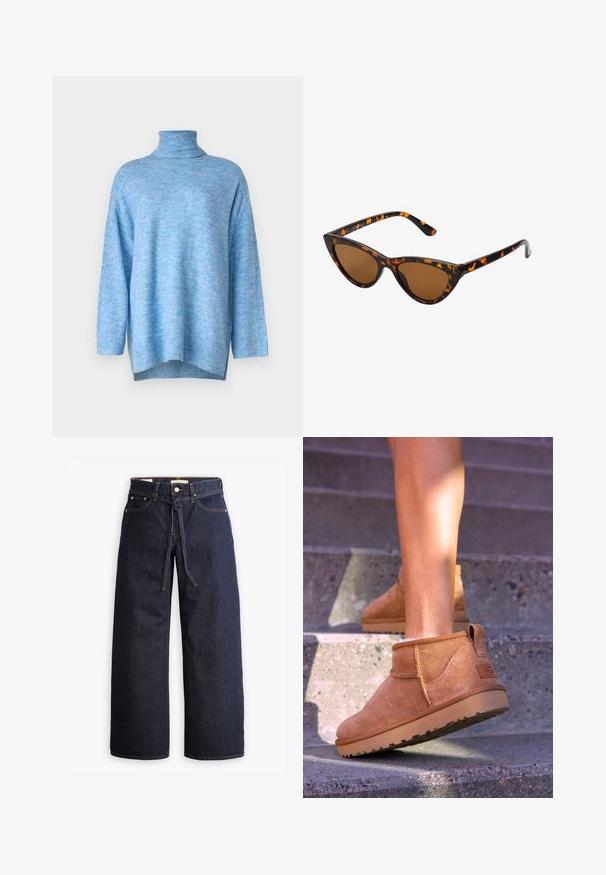 Sweater de gola alta azul claro, feito de material de malha suave, apresentando um corte descontraído, mangas longas e fendas laterais na bainha.; Calças de ganga de perna larga, em azul escuro, com uma cintura alta, apresentando um cordão, cinco bolsos e detalhes de costura em contraste.; Botas de tornozelo em camurça clara com uma textura suave, detalhes costurados e sola em borracha, apresentando um salto com alça para facilitar o calçar.; Óculos de sol estilo gato com uma armação em tartaruga preta e laranja, lentes castanhas e pontas elegantes e pontiagudas. Apresenta um logo minimalista na haste.