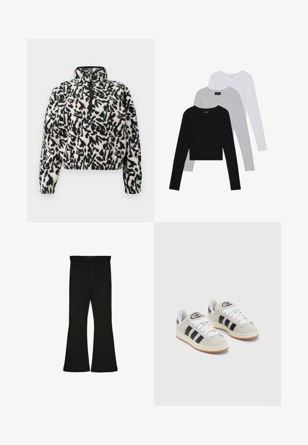 Fleece-pull i elfenben med svart abstrakt mönster, med en halvdragkedja och elastiska mudd för en snug passform.; Tre långärmade tröjor staplade: svart, grå och vit. Var och en har en rund halsringning och en kort design med mjukt, lätt material.; Svarta flare leggings tillverkade av elastisk tyg. Har en bred midja och en slät yta, med en åtsittande silhuett som flares vid fållen.; Grå mocka sneakers med vita snören, svarta ränder och en vit gummisula. Har en rund logo på tungan och en gummisula.