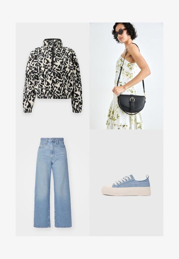 Pullover de fleece em marfim com padrão abstrato preto, apresentando um colarinho com meia abertura e punhos elásticos para um ajuste confortável.; Jeans de cintura alta e perna larga em azul claro, com fecho frontal de botão e zíper, bolsos frontais e traseiros, sobre um fundo branco.; Ténis de lona azul claro com uma biqueira e sola de borracha creme, apresentando atacadores brancos e uma alça na parte de trás.; Bolsa de couro preta com forma curva, alça destacável e detalhes em dourado. A bolsa possui uma aba com detalhe de fivela.