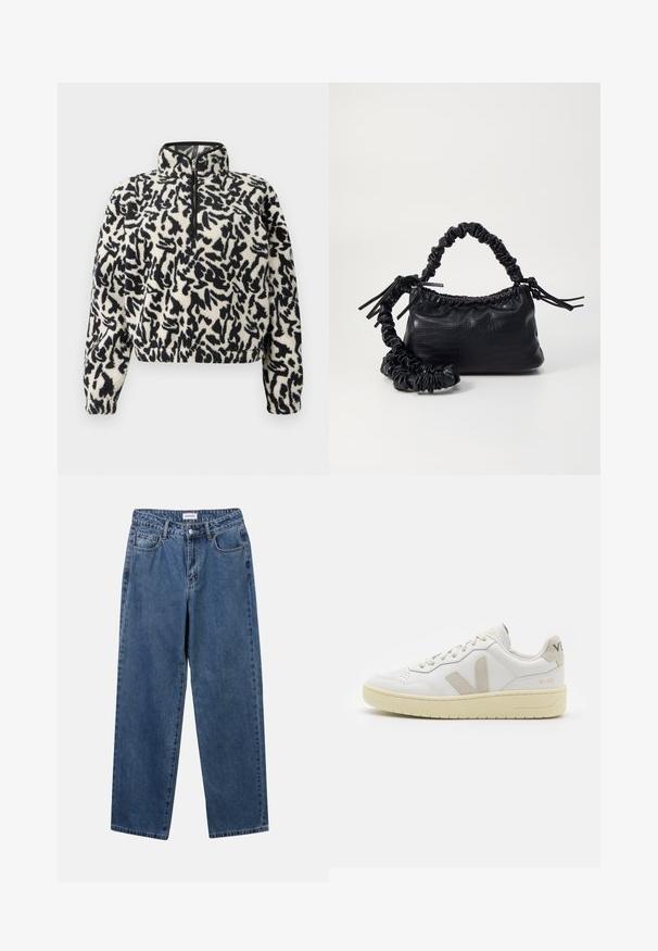 Ivorinis pūkuotas megztinis su juodu abstrakčiu raštu, turintis pusiau užtrauktuką ir elastines rankogalius, užtikrinančius tvirtą prigludimą.; Klasikiniai mėlynos džinsinio audinio džinsai su tiesiomis kojomis, penkiomis kišenėmis ir mygtukų uždarymu. Pasižymi vidutiniu skalbimu ir tvirtu audiniu.; Balti odiniai sportbačiai su kreminiais zomšos akcentais, perforuota pirštų dalimi, plokščiomis raišteliais ir struktūruota kreminėmis padomis. Ant kulno yra subtilus ženklinimas.; Juodas dirbtinės odos rankinė su krokodilo tekstūra, sušnibždinta viršuje ir susikraipytu dirželiu. Atrodo minkšta ir kompaktiška.