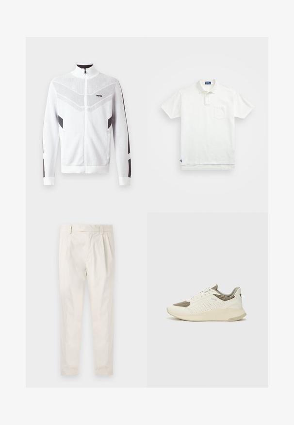 Hvit zip-up jakke med høy krage, med teksturert mønster og mørkegrå aksenter på ermer og sider. Logo på brystet.; Hvit polo skjorte laget av bomull, med klassisk krage, tre-knapps ståkrage og lomme på venstre bryst; liten logo ved kanten.; Hvite, pregede bukser med skreddersydd passform, som har en jevn tekstur, beltehemper og avsmalnende ben. Ingen synlige lommer eller mønstre.; Hvit og lysebeige treningssko, med en mesh-overdel, perforerte detaljer og en teksturert mellomsåle med merkevare på hælen.