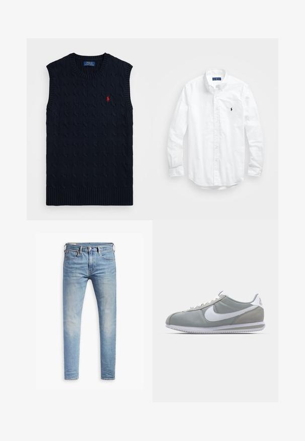 Marinblå kabelstickad ärmlös tröja med ribbad krage och nederkant, prydd med en liten röd polo-logga på vänster sida.; Vit långärmad skjorta i bomull med knappar. Har en klassisk krage, knappmanchetter och en liten broderad logotyp i marinblått på bröstet.; Ljust blå smala jeans med lätt blekning på låren, framknäppning, bältesslingor och fem fickor på en vit bakgrund.; Grå idrottssko med ovandel i mocka och textil, vit Nike-swoosh och vita snören. Har en texturerad gummisula och vadderad krage.