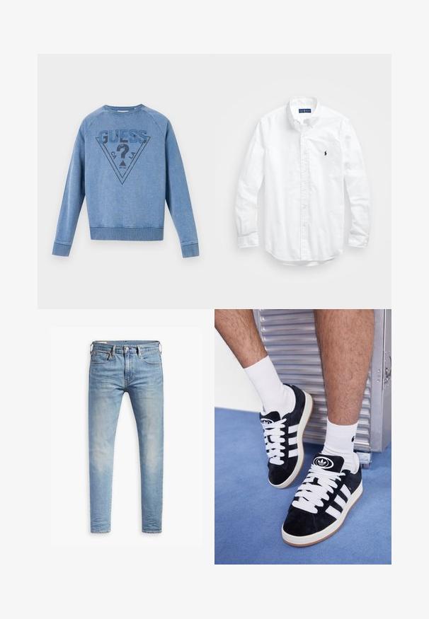 Helehelesin helesinine dressipluus, millel on ees "GUESS" logo, küsimärgiga ja "CA LA" tekstiga kolmnurgas.; Valge pikkade varrukatega kotitõmblusega särk puuvillast. Omab klassikalist kraed, nööpidega mansette ja väikest tumesinist tikandit rinnal.; Musthave suuruses must T-särk tumedatest halli "ALLSAINTS" tekstiga rinnal ja väiksemate tähtedega all "LONDON".; Heledad hallidega helesinised kitsad teksad, millel on kerge kulumine reitel, ees nupuga sulgemine, vöölõngad ja viie taskuga stiil, valgel taustal.; Mustad nahkjalatsid valgete paelte ja kolme valge triibuga. Omab ümmargust musta logo keele peal ning kummist tallat.