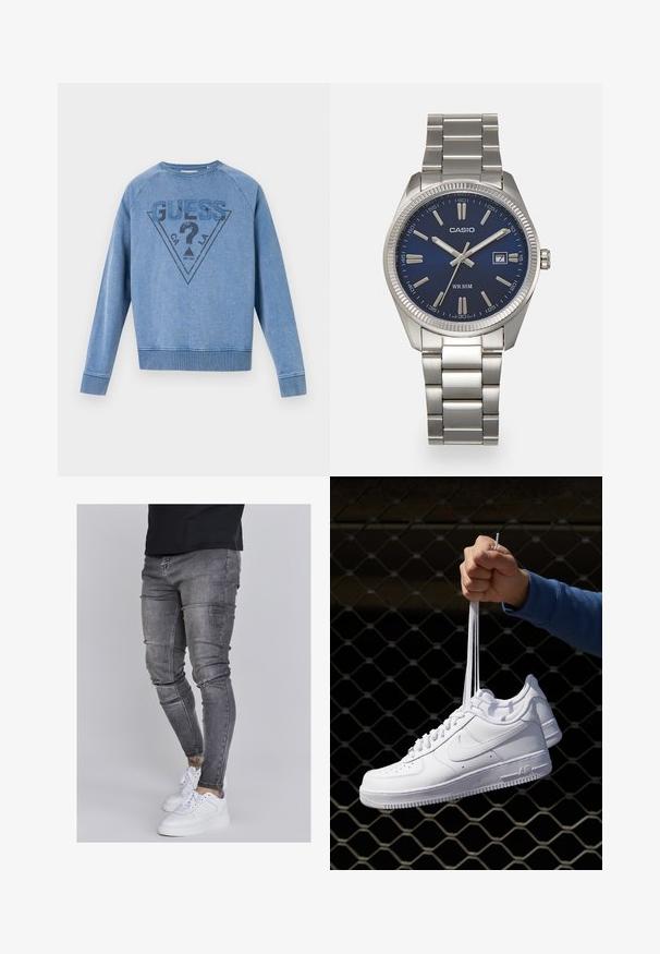 Světle modrý mikina s kulatým výstřihem s logem "GUESS", otazníkem a textem "CA LA" uvnitř trojúhelníku na přední straně.; Slim fit džíny v bledě šedém denimovém provedení, s opotřebovanými detaily na kolenou, kombinované s bílými teniskami. Hladká textura, těsný střih.; Bílé kožené tenisky s perforacemi, kulatou špičkou, plochou podrážkou a silnými tkaničkami, které mají viditelné logo swoosh a nápis "AIR" na patě.; Stříbrný nerezový náramkový hodinky s navy modrým ciferníkem, kovovými hodinovými značkami a oknem pro datum na hodině 3. Vodotěsné do 50 metrů.