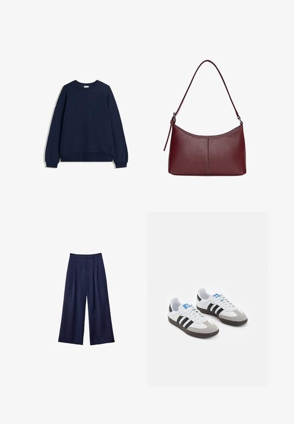 Navy blue sweatshirt made from a soft material, featuring a crew neck, long sleeves, and ribbed cuffs with a relaxed fit.; Navy blue wide-leg trousers with pleats, buttoned waistband, and belt loops, shown flat on a white background.; Sport shoes with a white leather upper, gray suede toe, and three black stripes. Features a blue logo on the tongue and a textured rubber sole.; Maroon leather handbag with a curved shape, a single shoulder strap, and stitched detailing at the center. Smooth texture, minimal hardware.