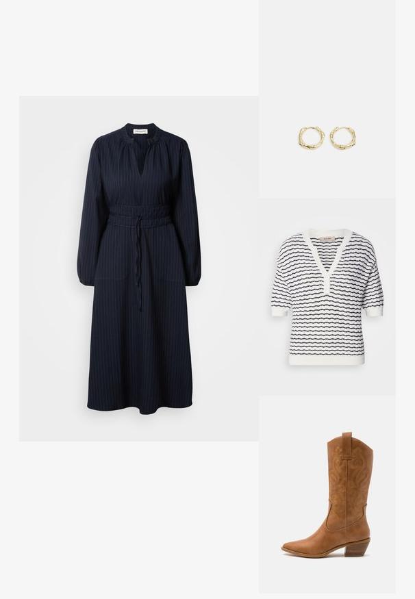 Bjela čučava majica s kratkim rukavima s tamnoplave horizontalne pruge, V-izrezom i kopčanjem na gumb, s uzorkom teksturiranog pletenja kroz cijelo. ; Mornarskoplava haljina s vertikalnim prugama, dugim rukavima, nabranim izrezom i strukom s pojasom. Ima dva prednja džepa.; Smeđe kožne kaubojke s oštrim nosom, izvezenim spiralnim uzorcima na gornjem dijelu i blok petom. Imaju potporu za lakše obuvanje.; Crna kožna hobo torba s jednim mekanim, zaobljenim ručkom; karakterizira je glatka tekstura i minimalistički dizajn. Nema vidljivih hardverskih detalja ili akcenata.; Zlatne okrugle naušnice s teksturiranim, nepravilnim oblikom. Imaju nevidljivo zatvaranje i polirani završni sloj, što naglašava moderan dizajn.