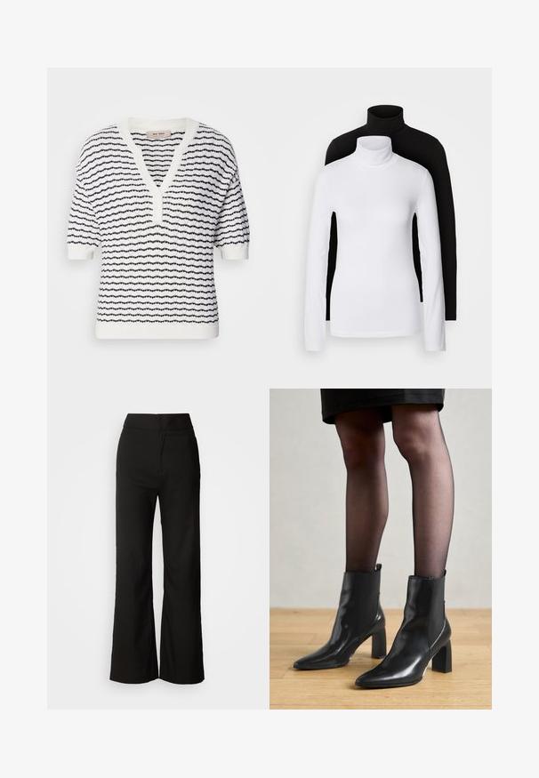 Suéter blanco de manga corta con rayas horizontales en azul marino, escote en V y cierre de botones, con un patrón de punto texturizado en toda la prenda.; Dos camisetas de manga larga de cuello alto, una blanca y otra negra, hechas de una tela suave y elástica, ambas con un diseño ajustado y cuellos altos.; Pantalones de pierna ancha negros con una textura suave, cintura alta y un diseño limpio. Sin bolsillos visibles ni adornos.; Botines de cuero negro hasta el tobillo con punta afilada, tacón cuadrado grueso y diseño elegante. Presentan paneles laterales elásticos para facilitar el uso.