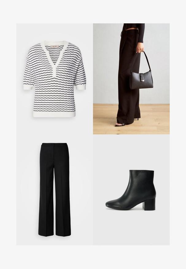 Hvit kortermet genser med marineblå horisontale striper, V-hals og knappelukking, med teksturert strikkemønster over hele.; Svarte vide bukser med et glatt stoff, med høy livvidde, skreddersydde sømmer og et minimalistisk design. Ingen synlig maskinvare eller lommer.; Sorte skinn ankelsko med spiss tå og chunky hæl. Glatt tekstur med minimale detaljer og et elegant, tettsittende design.; Svart håndveske med strukturert form, jevn tekstur og metallisk lås. Kombinert med brede svarte bukser og sandaler med åpen tå på tregulv.