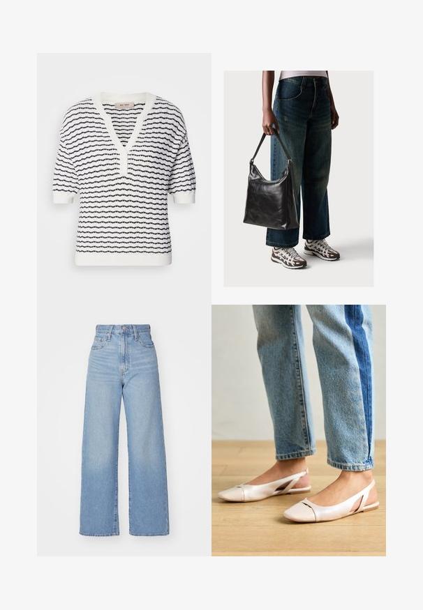 Pulover alb cu mânecă scurtă, cu dungi orizontale bleumarin, decupaj în V și închidere cu nasture, având un model texturat de tricot pe toată suprafața.; Jeans cu talie înaltă, de culoare albastru deschis, cu croială largă, dotate cu nasture și fermoar la față, buzunare în față și spate, pe un fundal alb.; Sandalete plate de un roz pal cu vârf ascuțit, realizate dintr-un material asemănător pielii, neted. Prezintă detalii decupate pe laterale și un toc plat.; Geantă de umăr din piele neagră, cu o textură netedă și curea ajustabilă, asortată cu blugi evazați și adidași.