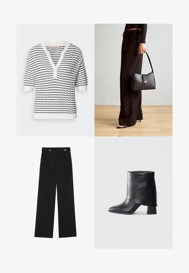 Weißer Kurzarmpullover mit marineblauen horizontalen Streifen, V-Ausschnitt und Knopfverschluss, der ein strukturiertes Strickmuster aufweist.; Schwarze weite Hosen mit hoher Taille, Knopfdetails am Bund und vorderen Falten.; Schwarze Lederstiefelette mit spitzer Zehenform, glatter Oberfläche und strukturiertem Blockabsatz. Mit einem hohen, gefalteten Schaftdesign.; Schwarze Handtasche mit strukturierter Form, glatter Textur und einem metallischen Verschluss. Kombiniert mit weiten schwarzen Hosen und offenen Sandalen auf einem Holzboden.