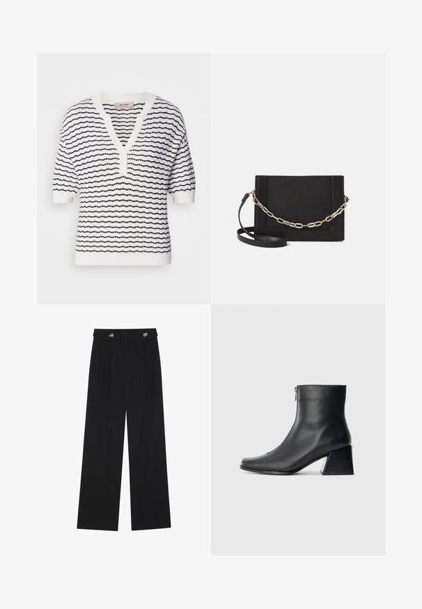 Weißer Kurzarmpullover mit marineblauen horizontalen Streifen, V-Ausschnitt und Knopfverschluss, der ein strukturiertes Strickmuster aufweist.; Schwarze weite Hosen mit hoher Taille, Knopfdetails am Bund und vorderen Falten.; Schwarze Lederstiefelette mit quadrater Zehenform, seitlichem Reißverschluss und Blockabsatz vor einem schlichten hellen Hintergrund.; Schwarze Leder-Crossbody-Tasche mit glatter Textur, rechteckiger Form und metallic-kettendetail auf der Vorderseite. Verstellbarer Gurt inklusive.
