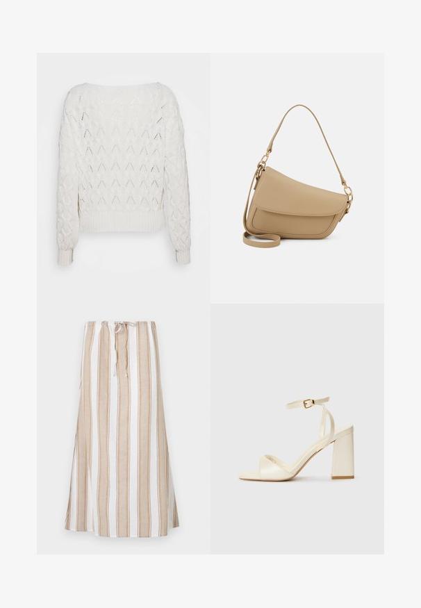 Off-white knitted sweater featuring a diamond pattern, ribbed cuffs and hem, with a loose fit and wide neckline.; Striped skirt in white and light brown, featuring a drawstring waist and a long, flowing design. Made from lightweight fabric with a relaxed fit.; Cream-colored heeled sandals with an open toe, thick block heel, thin ankle strap, and subtle sheen finish. Buckle accent on strap.; Even&Odd Handbag - beige