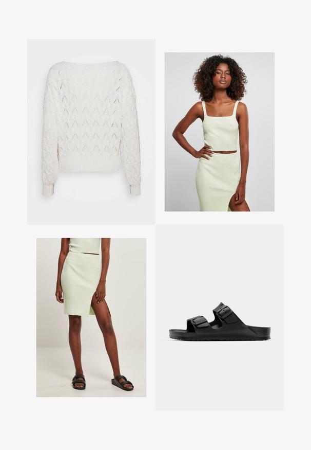 Off-white gebreide trui met een ruitpatroon, geribbelde manchetten en zoom, met een losse pasvorm en brede halslijn.; Lichtgroene geribbelde crop top met vierkante halslijn en brede straps, gecombineerd met een bijpassende rok tot de knie met een zijsplit.; Lichtgroene geribde gebreide rok met een hoge split tot de bovenbeen, gecombineerd met zwarte sliders. Eenvoudig, aansluitend ontwerp benadrukt de textuur en kleur.; Zwarte rubberen sandalen met twee verstelbare banden, een gestructureerde voetbed en een dikke, geribbelde zool, met een minimalistisch ontwerp.