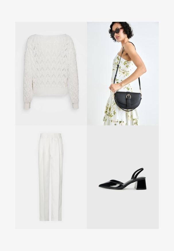 Valkoinen neulepusero, jossa on timanttikuvio, ribbireunukset hihoissa ja helmassa, löysä istuvuus ja leveä kaula-aukko.; Valkoiset raitapantalot suoralinjaisella designilla, valmistettu kevyestä kankaasta. Edessä on laskoksia ja perinteinen vyötärö.}}; Mustat patentoitu nahkakengät, joissa on säären takaosa ja terävä kärki, sekä geometrinen palikkakorko. Sisältää tyylikkään, minimalistisen muotoilun ja sileän pinnan.; Musta nahkainen käsilaukku, joka on kaareva muotoilultaan, irrotettavalla hihnalla ja kultaisilla yksityiskohdilla. Laukussa on läppä, jossa on solk yksityiskohta.