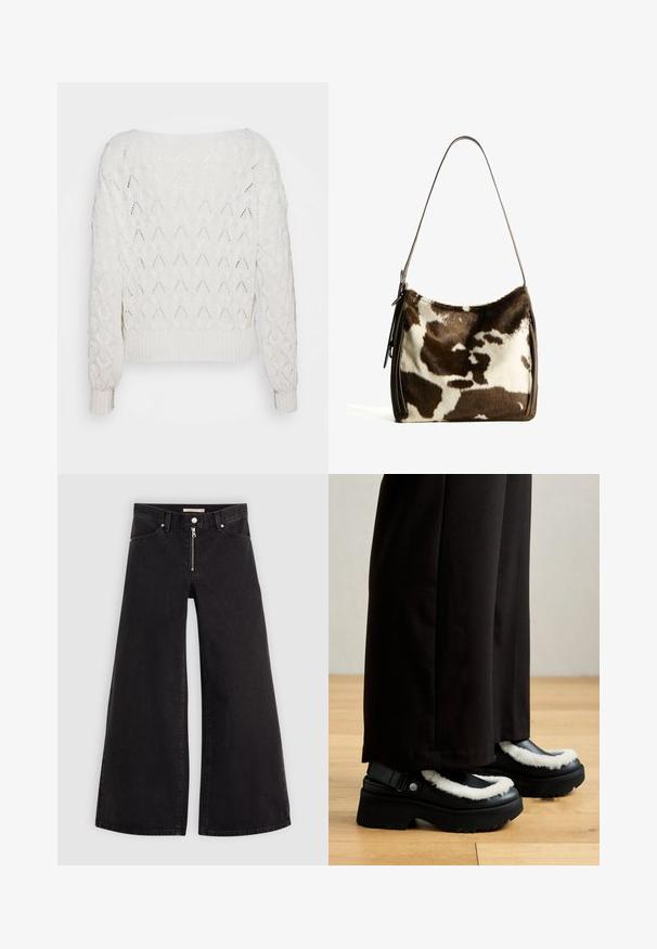 Off-white gebreide trui met een ruitpatroon, geribbelde manchetten en zoom, met een losse pasvorm en brede halslijn.; Wijdvallende jeans van zwarte denim met een ritssluiting aan de voorkant, vijf zakken en subtiele stikdetails. Soepele textuur en casual stijl.; Zwarte platform schoenen hebben een witte bontachtige rand, een ronde neus en een band met een metalen knop. Gecombineerd met zwarte broek op een houten vloer.; Bruine en crèmekleurige koeienhuid schoudertas met een gladde leren band, ritssluiting en een zachte, tekstuursurface met een natuurlijk patroon.