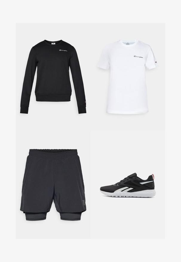 Sort sweatshirt lavet af et bomuldsblend, med lange ærmer, rund halsudskæring og et lille hvidt Champion-logo på brystet.; Hvid bomulds t-shirt med rund hals, korte ærmer og et sort broderet "Champion" logo på brystet og ærmeaccent.; Sorte atletiske shorts med elastisk talje, lagdelt design og en tætsiddende inderforing. Har et subtile logo på den nederste side.; Sorte atletiske sko med en mesh-overdel, hvide detaljer, tekstureret sål og en rød hælflap for ekstra detaljer.