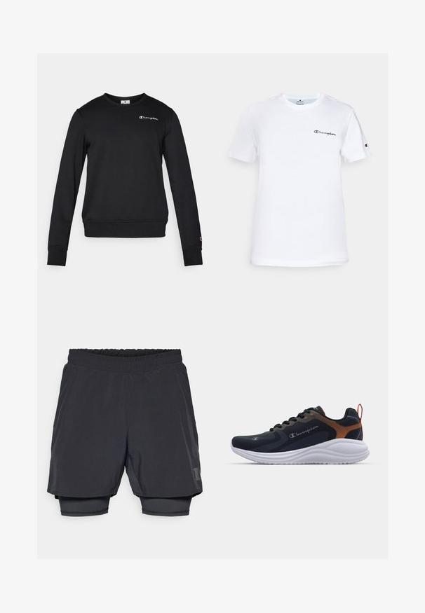 Hanorac negru din amestec de bumbac, cu mâneci lungi, guler rotund și un mic logo alb Champion pe piept.; Tricou alb din bumbac cu guler rotund, mâneci scurte și un logo "Champion" brodat în negru pe piept și pe accentul de pe mânecă.; Pantaloni scurți atletici negri, cu talie elastică, design în straturi și căptușeală interioară ajustată. Prezintă un logo subtil pe partea inferioară.; Adidași negri de alergare cu accente portocalii, având un exterior neted, vârf rotund, talpă cu amortizare și un sistem de șireturi. Logo-ul este afișat pe lateral.