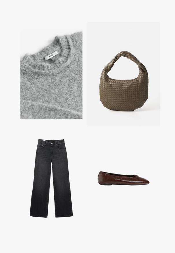 Next Vesta - grey; Crne široke traperice napravljene od denima. Imaju klasičan dizajn s pet džepova, ravnu siluetu i prednje kopčanje na dugmad.; Smeđe kožne baletanke sa glatkom teksturom, špicastim prstom i naglaskom u obliku mašne na prednjoj strani, sa niskom crnom gumenom đonom.; Tkana torbica maslinaste boje za ruke s zaobljenim oblikom i uvrnutom ručkom. Teksturirana površina s dijagonalnim uzorkom. Zatvaranje na patentni zatvarač.