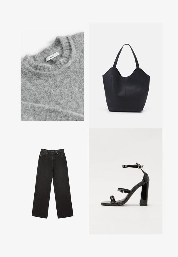 Next Strickpullover - grey; Schwarze weit geschnittene Jeans aus Denim, mit kleinen gepunkteten Mustern, klassischem Fünf-Taschen-Design und einem Knopf- und Reißverschluss.; Schwarze patentierte Sandalen mit Absatz, quadratischer Spitze, Knöchelriemen und silbernen Schnallen. Mit einem stabilen Blockabsatz für mehr Stabilität.; Schwarze Tote-Bag aus glattem Leder, mit einem abgerundeten, offenen Oberteil, zwei Schulterträgern und einem minimalistischen Design.