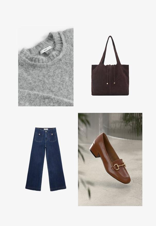 Next Stickad tröja - grey; Mörkblå vida jeans i denim, med två frontfickor med dekorativa knappar och rak fåll.; Brun lackläder loafer med fyrkantig tå, metallkedja som accent och låg blockklack; slät textur, minimalistisk design.; Mango Shoppingväska - dark brown