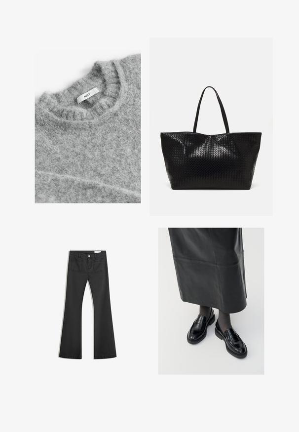 Next Pulóver - grey; Fekete, sima textúrájú farmer flare nadrág, két hátsó zsebbel és gombos derékkal.; Fekete bőr loafer cipők sima felülettel, díszítő pánttal, kerek orral és texturált talppal. Hosszú fekete bőr szoknyával viselve.; Fekete szövött bevásárlótáska két strapabíró füllel, fényes felülettel és tágas, nyitott tetejű kialakítással.