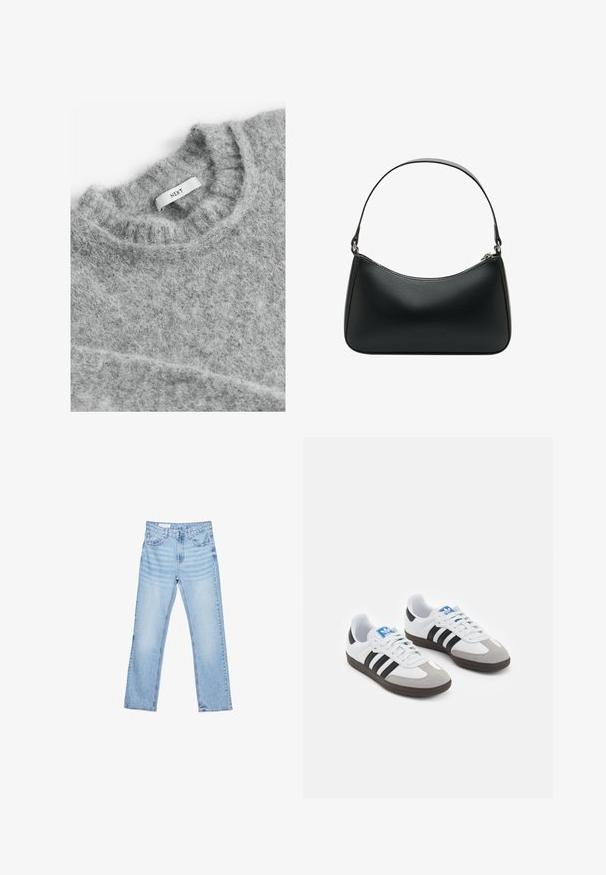 Next Striktrøje - grey; Lyseblå denimjeans med lige pasform, fem-lomme-design og synlig syning. Mellem-høj talje med klassisk knap- og lynlåslukning.; Sportsko med en overdel i hvid læder, grå ruskind på tåen og tre sorte striber. Har et blåt logo på tungen og en struktureret gummisål.; Sort læder skuldertaske med en buet form, enkelt fladt rem og lynlås lukning øverst. Glat tekstur med minimale hardware detaljer.