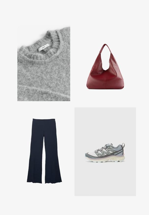 Next - Sweter; Granatowe spodnie o szerokich nogawkach z teksturowanej tkaniny z wysokim stanem i rozkloszowanym dołem, charakteryzujące się gładką, zwiewną sylwetką.; Lekki, wielomateriałowy but biegowy o szaro-białej cholewce, teksturowanej siateczce, wyściełanej podeszwie i wyraźnych detalach sznurowania.; Czerwona skórzana torebka hobo o szerokim, luźnym kształcie i dużym otwarciu, z subtelną teksturą i wytłoczonym logo z przodu.