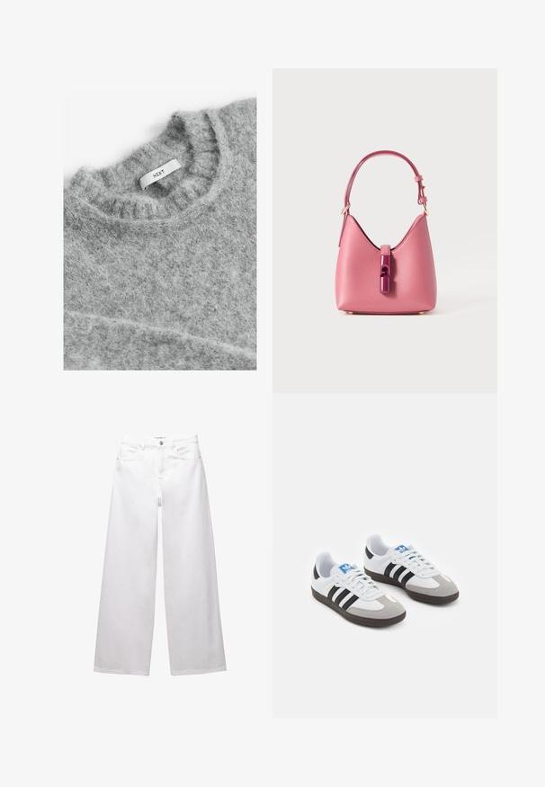 Next Strickpullover - grey; Weiße weit geschnittene Jeans aus Denim. Mit Knopfverschluss, Vorder- und Gesäßtaschen sowie gesteppten Nähten. Glatte Textur mit minimalen Details.; Sportschuhe mit einem Obermaterial aus weißem Leder, grauer Wildleder-Zehenkappe und drei schwarzen Streifen. Sie verfügen über ein blaues Logo auf der Zunge und eine strukturierte Gummisohle.; Rosa Lederhandtasche mit strukturiertem Design, ausgestattet mit einem glänzenden Verschluss und einem einstellbaren Gurt. Texturierte Oberfläche mit goldfarbenen Beschlägen.