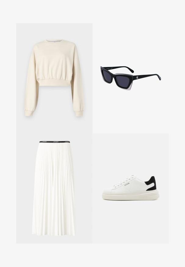 Zkrácená béžová mikina s dlouhými nadýchanými rukávy. Má elastický pas a žebrované manžety. Displejuje decentní výšivku loga poblíž výstřihu.; Záhybová bílá sukně s černým elastickým pasem s logem "LACOSTE". Suška je střední délky a má jemnou texturu.; Bílé kožené tenisky s tlustou bílou podrážkou, černým semišovým akcentem na patě a vyraženým logem na boku. Šněrovací design se šesti očka.; Černé oversized sluneční brýle geometrického tvaru, s tmavými skly a kontrastním šedým detailem na rámu. Logo na rameni.