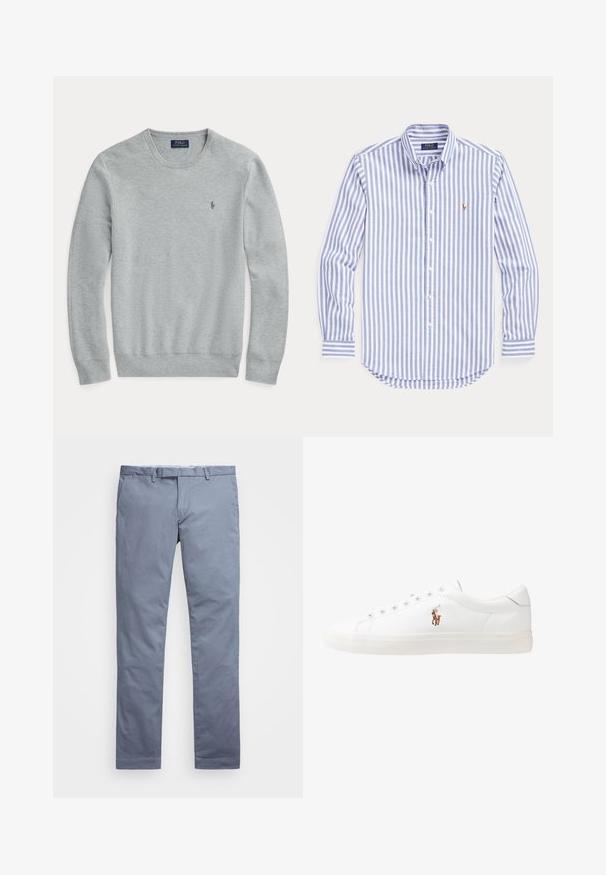 Pull en maille léger gris clair à manches longues avec col rond, poignets et ourlet côtelés, et petit logo brodé Polo Ralph Lauren sur la poitrine.; Chemise à rayures à manches longues en coton bleu clair et blanc avec un col rabattu, arborant un petit logo brodé sur la poitrine.; Chinos en coton bleu clair avec une coupe slim, des jambes droites, des passants de ceinture et une fermeture éclair. Présente des coutures discrètes et aucun motif visible.; Baskets en cuir blanc, design bas, avec une texture lisse, bout rond, lacets à l'avant et un petit logo brodé sur le côté.