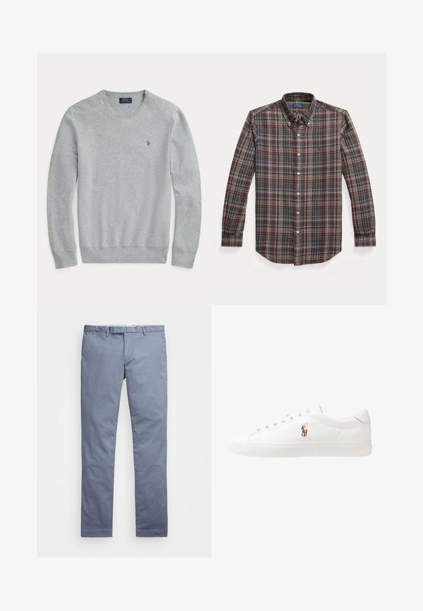 Sweater em malha cinza claro de manga longa com decote redondo, punhos e barra canelados, e pequeno logo bordado da Polo Ralph Lauren no peito.; Camisa de botão xadrez em tecido de algodão, apresentando uma mistura de cores bordeaux, verde e azul, com colarinho clássico e botões brancos.; Chinos de algodão azul claro com um corte slim, pernas retas, passantes para cinto e fecho de zip. Apresenta costuras subtis e sem padrões visíveis.; Sapatilhas de couro brancas, design de cano baixo, com textura suave, biqueira redonda, atacadores à frente e um pequeno logótipo bordado na lateral.