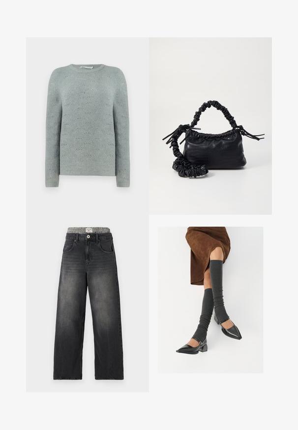 Lyseblå strikkegenser med rund hals, lange ermer og et strukturert bølgemønster gjennom hele stoffet.; Sorte denim bukser med vide ben og et houndstooth-mønstret taljebånd. Funktioner inkluderer forlommer og knappelukning. Slidt tekstur.; Sorte lakkpumps med spiss tå, blokkhel, og ankelstropp, kombinert med grå ribbestrikkede beinvarmere og et brunt semsket skinn skjørt.; Svart faux skinn-håndveske med krokodilletekstur, strammet topp og en rynket stropp. Ser myk og kompakt ut i designen.
