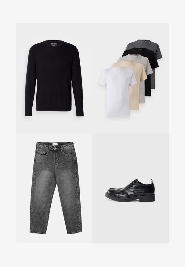 Mustat neuleet swetarit, joissa on pyöreä pääntie, pitkät hihat ja ribbaatut hihansuut. Rinnassa on hillitty logo. Pehmeä kangas.; Viisi lyhythihaista t-paitaa valkoisena, beigeinä, vaaleanharmaana, tummanharmaana ja mustana. Valmistettu sileästä puuvillasta, jossa on pyöreä kaula-aukko.; Mustat pesetyt suorat farkut, joissa on etu- ja takataskut, vyölenkit ja nappisuljenta vyötäröllä.; Mustat nahkakengät, joissa on pyöreä kärki, nauhakiinnitys edessä ja koristeellinen sauma. Varusteena paksu, teksturoitu kumipohja ja kanta.