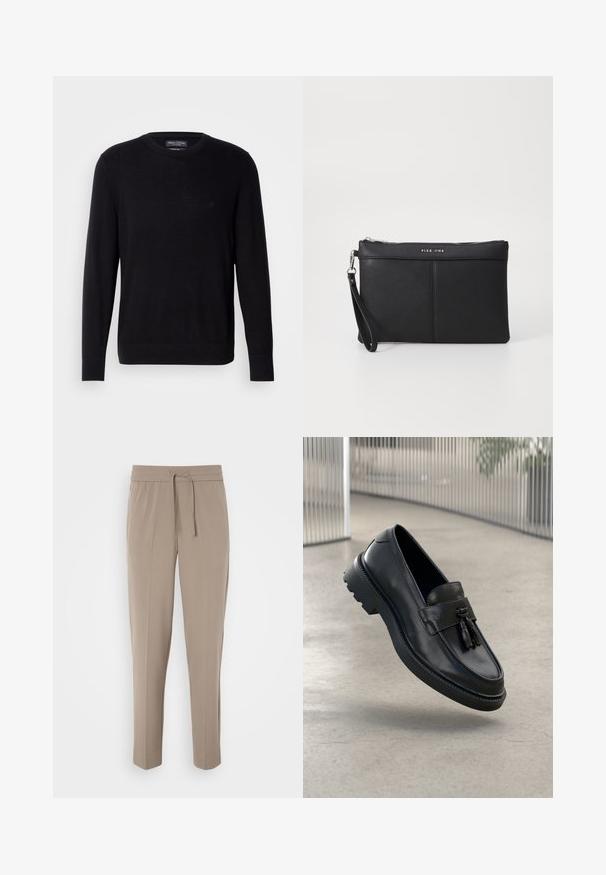 Mustat neuleet swetarit, joissa on pyöreä pääntie, pitkät hihat ja ribbaatut hihansuut. Rinnassa on hillitty logo. Pehmeä kangas.; Harmaat vaaleat housut, joissa on joustava vyötärö, säädettävä nyöri ja kapeat lahkeet. Kangas näyttää sileältä ja siinä on hienoinen kiilto.; Mustat nahkaiset loafersit, joissa on sileä pinta, koristeellinen hapsu, paksu kumipohja ja ommellut yksityiskohdat. Kevyt ja virtaviivainen muotoilu.; Mustat synteettiset hihnataskut, joissa on vetoketjukiinnitys, ranneunos ja sileä pinta. Sisältää hienovaraisia ompeleita ja kohokuvioidun logon etupuolella.