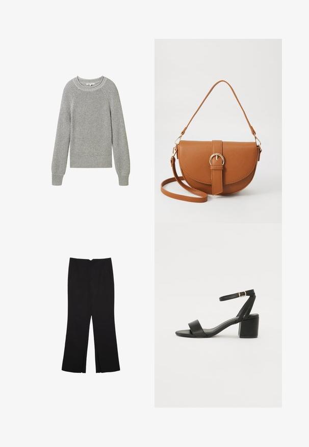 TOM TAILOR DENIM CREW NECK - Svetrík - cement grey mélange; Čierne nohavice so strihom rovného strihu, s prednými vreckami a bočnými rozparkami na leme. Vyrobené z mäkkej, hladkej tkaniny. Vhodné na rôzne príležitosti.; Čierne sandále na podpätku so hladkým koženým vrchom, otvorenou špičkou, širokými prednými prúžkami a nastaviteľným členkovým popruhom so zlatým prackom.; Hnedá kožená kabelka cez telo s zakriveným tvarom, zlatými kovovými doplnkami a akcentom s prackou. Obsahuje odnímateľný ramenný popruh.