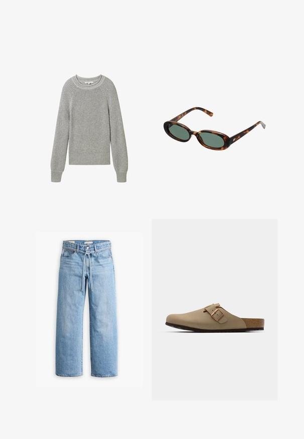 TOM TAILOR DENIM CREW NECK - Džemperis - cement grey mélange; Šviesiai mėlyni džinsai su plačiomis kojomis, aukštu juosmeniu, sagomis ir užtrauktuku, taip pat su raišteliu juosmens srityje. Neapdorotas apdailos kraštas.; Bežinės klumpės su apvaliu pirštu, reguliuojamu sagties akcentu ir kamštiniu padu. Tekstūruotas paviršius su juodu guminio pado sluoksniu, užtikrinančiu sukibimą.; Žvyneliai akiniai su ovaliais rėmeliais ir žaliais objektyvais. Siūlo plonas šakes su metaliniu akcentu prie vyrų.