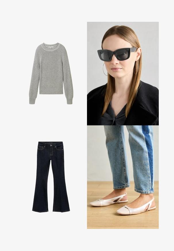 TOM TAILOR DENIM CREW NECK - Stickad tröja - cement grey mélange; Mörkblå jeans i denim med hög midja, framfickor och vidare ben, uppvisade platt på en vit bakgrund.; Ljust rosa slingback-lägenheter med spetsig tå, tillverkade av ett slätt läderliknande material. Har utskurna detaljer på sidorna och en platt häl.; Svarta katterformade solglasögon med mörka linser, tjocka bågar och subtila detaljer. Bärs tillsammans med en svart kappa och en grå topp, med långt rakt hår.; Brun faux läder axelväska med rundad form, minimal sömnad och detaljer i guldfärgad hårdvara. Har en övre dragkedjestängning och justerbar rem.