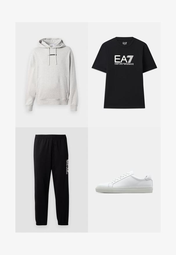 Ljusgrå hoodie i mjukt material. Har en framficka, dragsko i huvan och en svart textlogotyp på bröstet. Muddarna är ribbade.; Svart t-shirt i bomull med rund halsringning och korta ärmar. Broderad logotyp "EA7 EMPORIO ARMANI" i vitt framtill.; Svarta träningsbyxor i slät väv, med elastisk midja och avslut, samt en kontrasterande logo tryckt på sidan.; Vit sneaker med en slät läderövre och låg profil. Har en rundad tå, sex snörhål och en strukturerad gummisula.