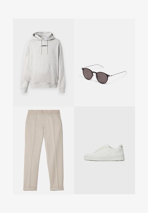 Hellgraue Kapuzenjacke aus weichem Stoff. Verfügt über eine Fronttasche, eine Kapuze mit Kordelzug und ein schwarzes Textlogo auf der Brust. Die Bündchen sind gerippt.; Filippa K TERRY CROPPED TROUSERS - Stoffhose - sage melange; Weiße Ledersneaker mit glatter Oberfläche, runder Zehenpartie, flachen Schnürsenkeln und strukturiertem Sohlenprofil. Mit einem dezenten Logo an der Ferse.; Schwarze runde Sonnenbrille mit dunklen Gläsern und schlanken Metallbügeln. Enthält klare Tempelspitzen und silberne Akzente am Scharnier. Minimalistisches Design.