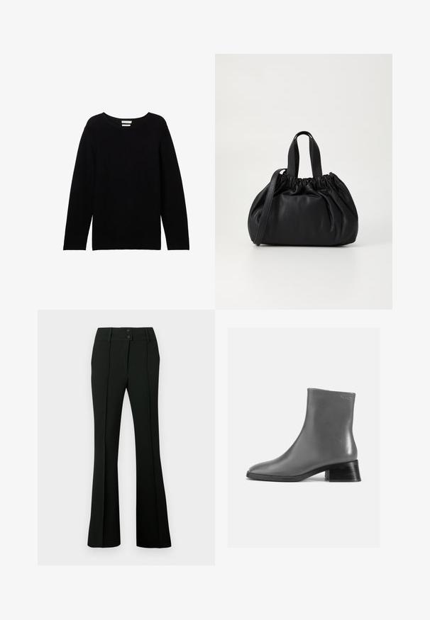 Crni dugi džemper izrađen od rebrastog materijala s okruglim izrezom i spuštenim ramenima, s opuštenim krojem i bez vidljivih detalja.; Crne hlače trapezastog kroja izrađene od glatkog materijala, s visokim pojasom ukrašenim s dva gumba i naborima sprijeda, koje daju krojen izgled.; Sivi kožni gležnjači s zaobljenim vrhom i kratkom, nagnječenom crnom petom. Glatka tekstura s minimalnim detaljima.; Crna kožna torba s nabranim dizajnom na vrhu, s dva kratka ručka i dugim podesivim remenom. Glatka tekstura, zaobljen oblik.