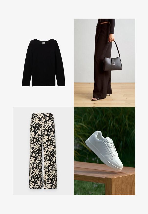 Schwarzer Langarmpullover aus geripptem Stoff mit rundem Halsausschnitt und überschnittenen Schultern, der eine lockere Passform hat und keine sichtbaren Akzente aufweist.; Schwarze weit geschnittene Hose mit einem cremefarbenen Blumenmuster. Hergestellt aus leichtem Stoff, mit einer glatten Textur und einem hohen Bund.; Weiße Sneaker mit einem glatten, synthetischen Obermaterial, perforierter Zehenbox, flachen Schnürsenkeln und einer strukturierten Sohle, präsentiert auf einer Holzoberfläche.; Schwarze Handtasche mit strukturierter Form, glatter Textur und einem metallischen Verschluss. Kombiniert mit weiten schwarzen Hosen und offenen Sandalen auf einem Holzboden.